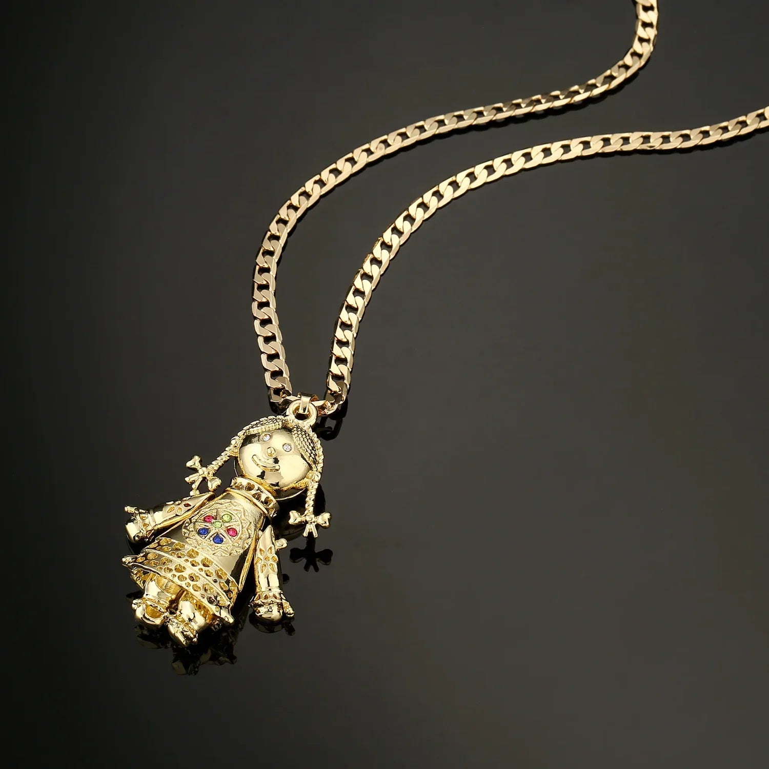 GOLD 3D RAG DOLL PENDANT MULTICOLOUR STONES