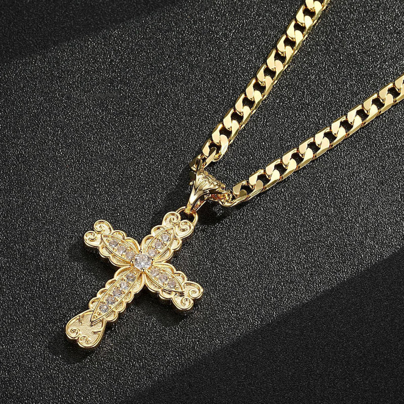 GOLD ORNATE CROSS PENDANT WITH STONES