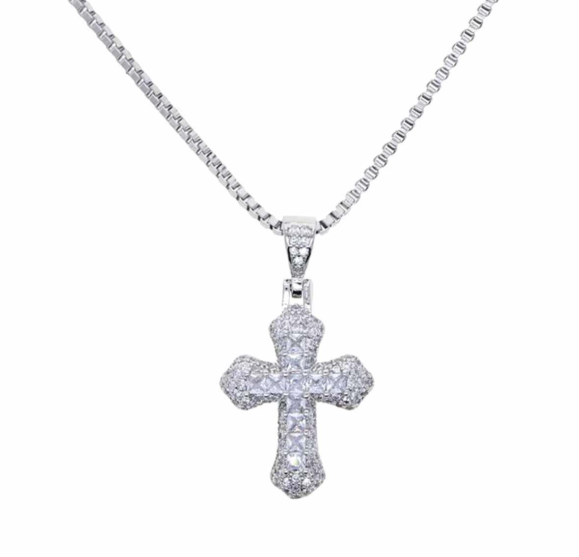 Blue CZ diamond silver cross pendant with a necklace