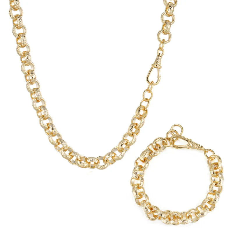 LUXURY GOLD 12MM DIAMOND CUT PATTERN BELCHER CHAIN AND BRACELET WITH ALBERT CLASP SET