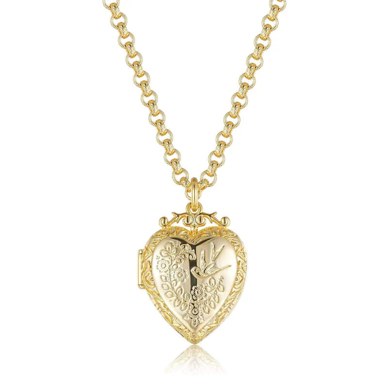 PREMIUM GOLD HEART LOCKET WITH BIRD AND FLOWERS