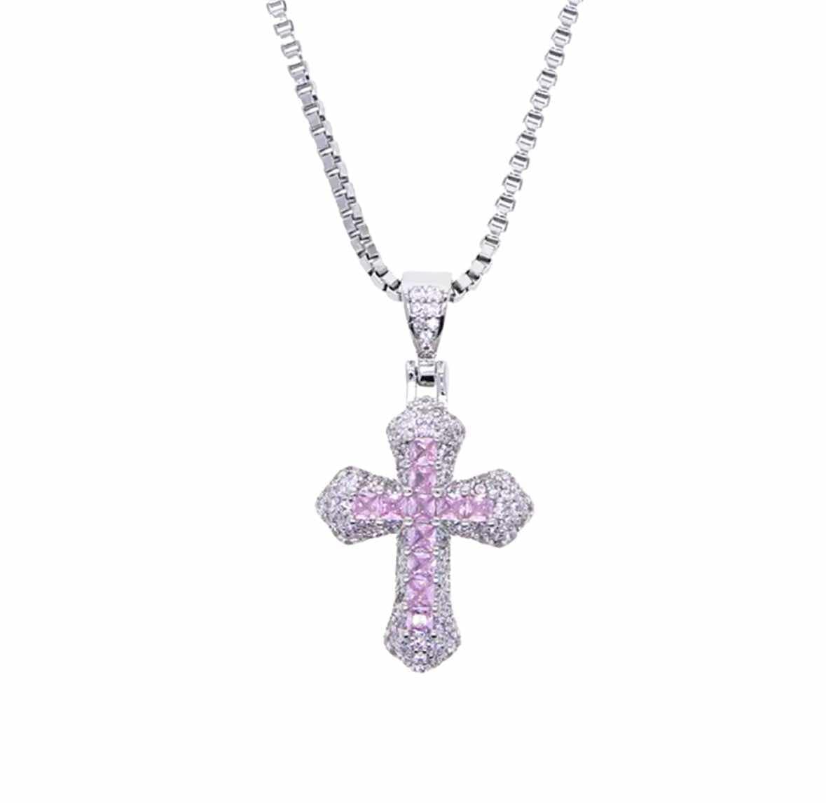Pink CZ diamond Silver cross pendant with a necklace